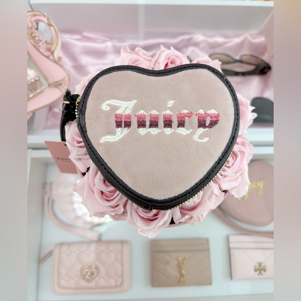 Juicy Couture Velour Pink Black Heart Shaped Coin Purse